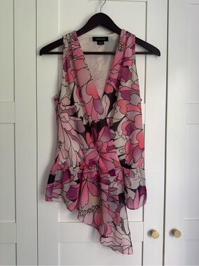 Marciano by Guess Pink Floral Wrap-Style Sleeveless Chiffon Peplum Blouse XS